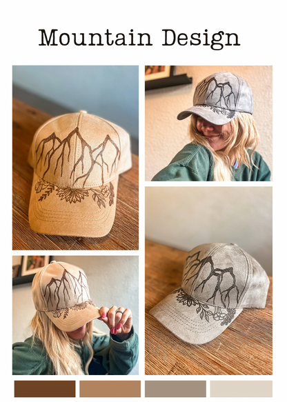 Suede Ball Cap- Mountain Design