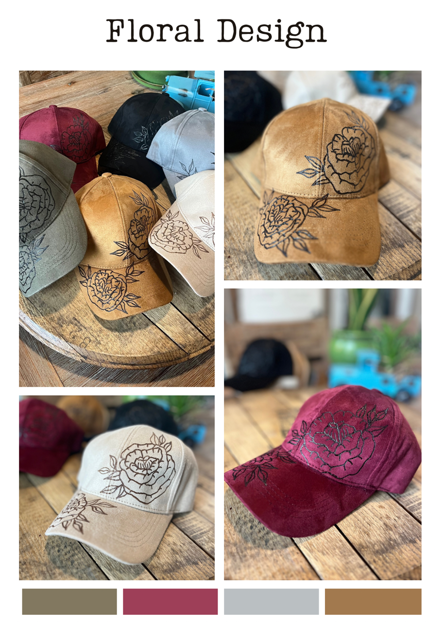 Suede Ball Cap- Floral Design