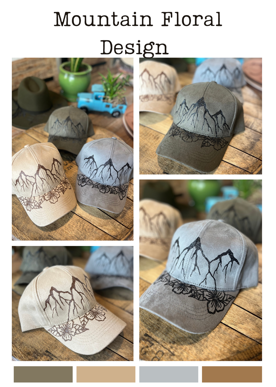 Suede Ball Cap-Mountain Floral Design